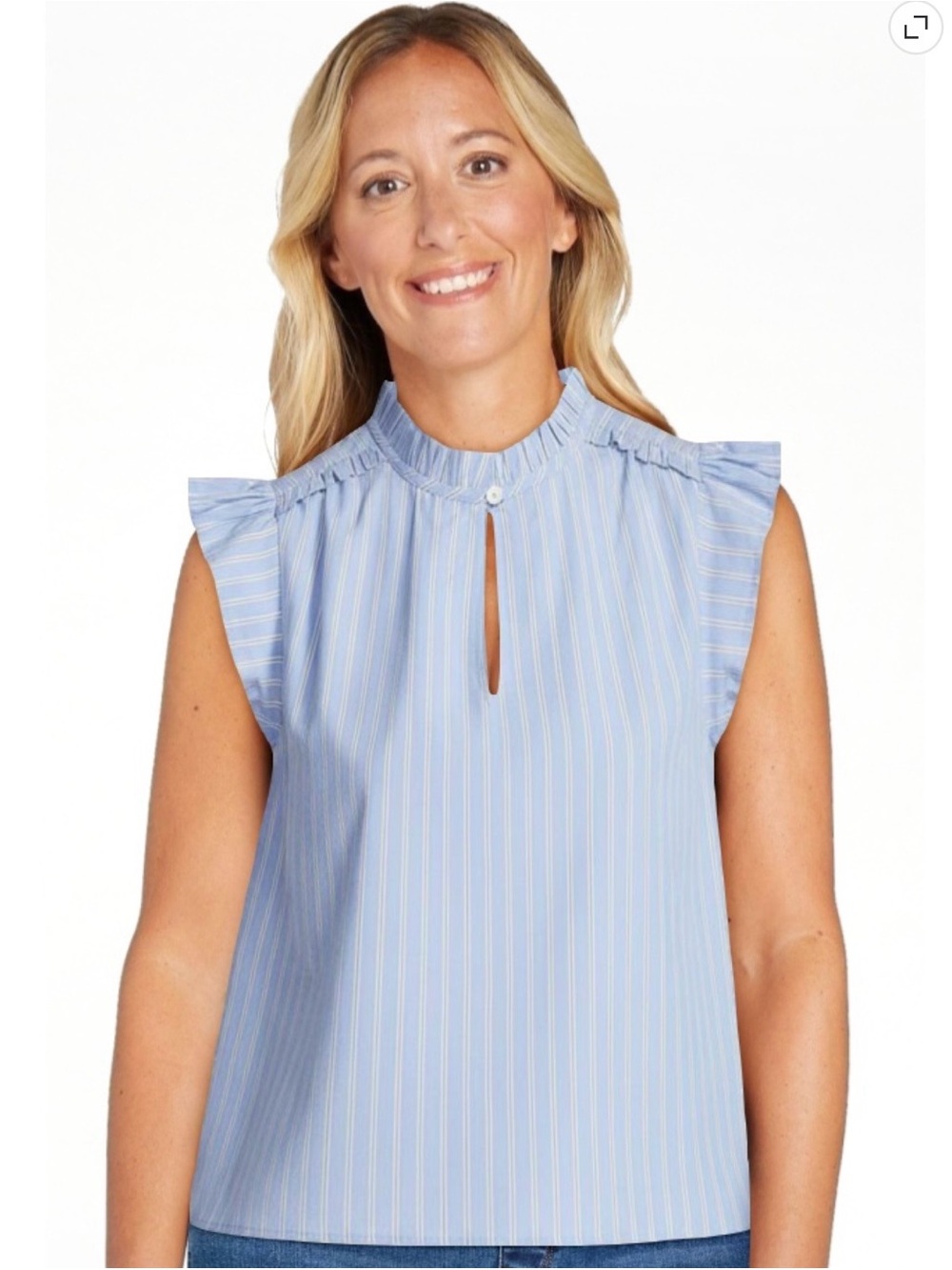 Time and Tru Light Blue Stripe Women’s Cotton Split Neck Top with Flutter Sleeve